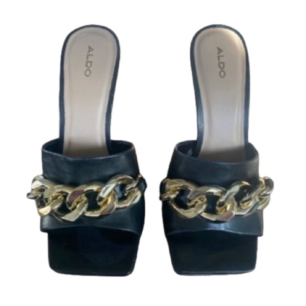Aldo High Heel Black Leather Square Toe Sandals /Mules w/ Gold Chain Size 6.5 - Picture 5 of 12